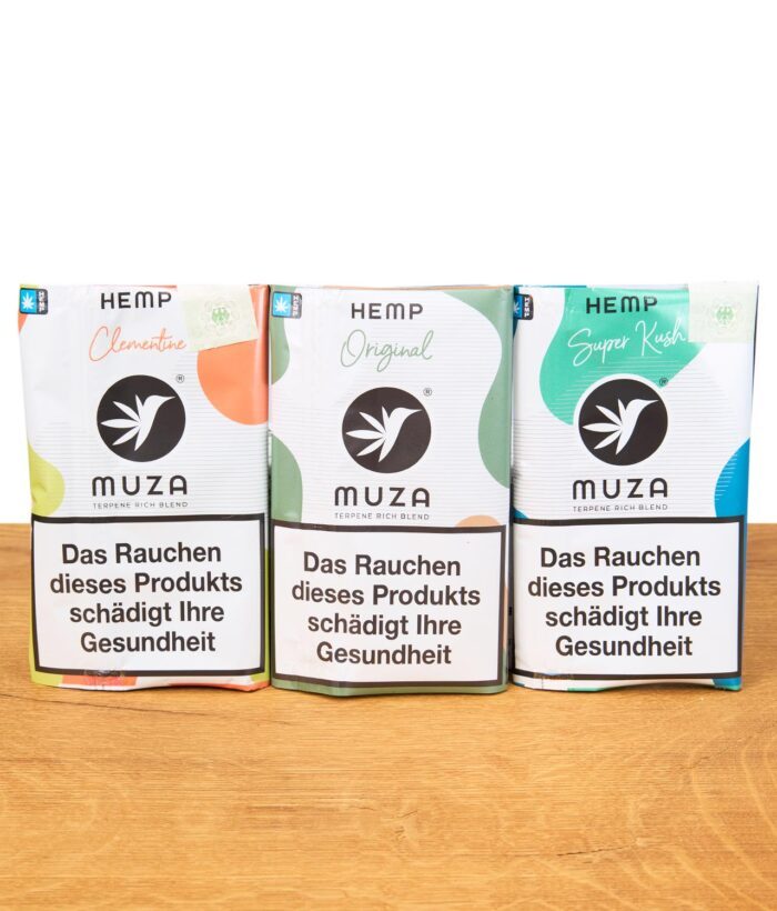 Drei Sorten Muza Hemp Tabakersatz 10 g: Clementine, Original und Super Kush