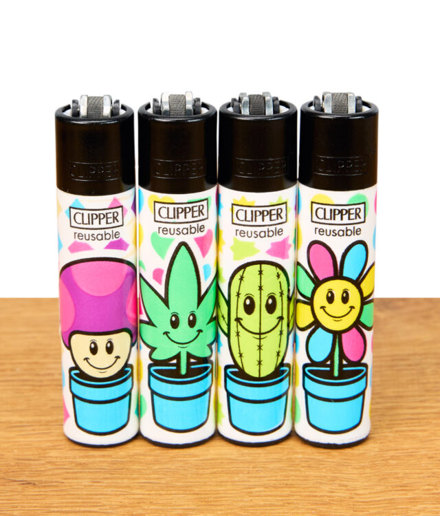 4 Clipper Feuerzeuge mit bunten Pflanzenmotiven auf einem Holzbrett vor weißem Hintergrund.