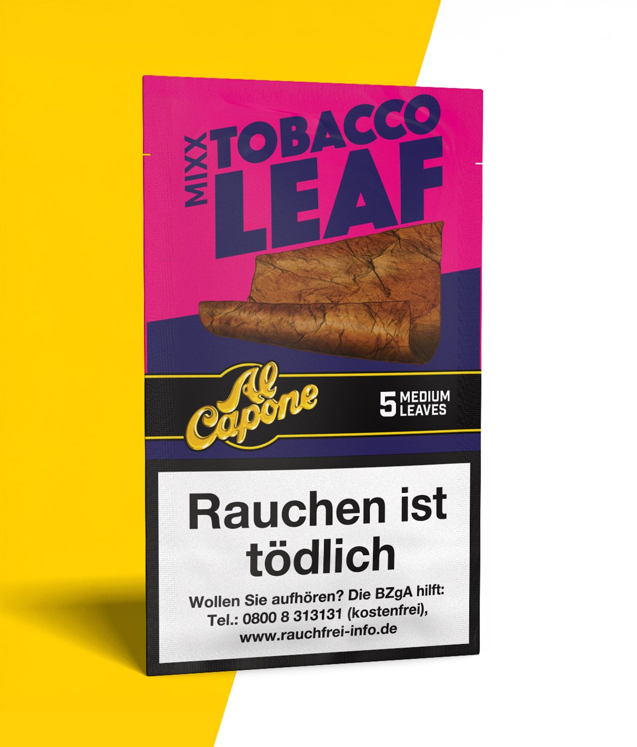 Al Capone Mixx Tobacco Leaf Blunt Wrap auf weiß gelbem Hintergrund