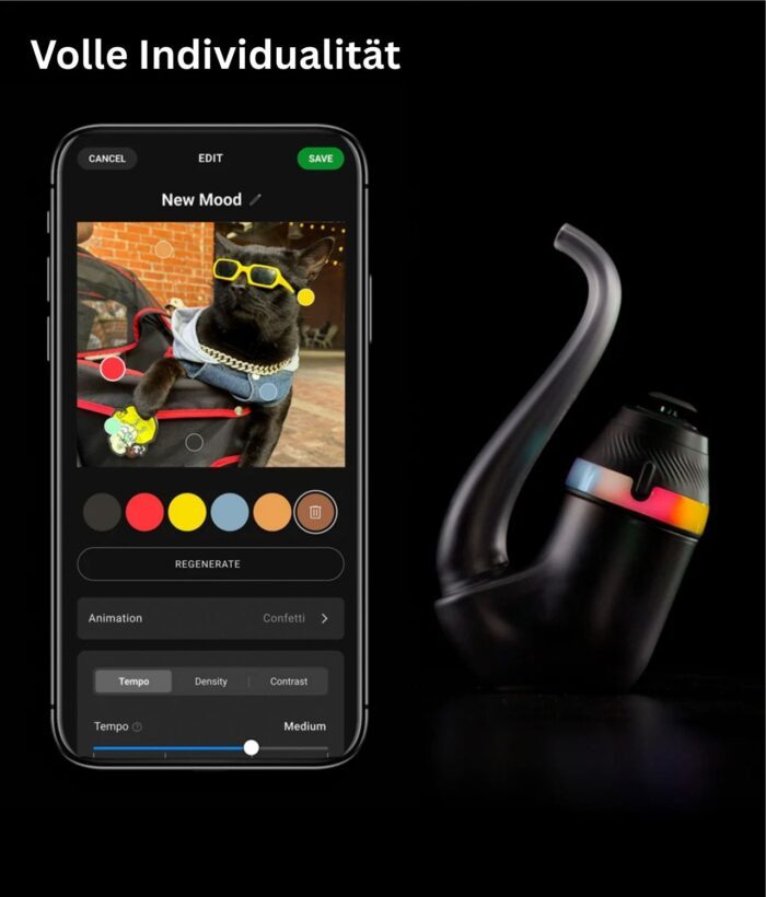 Schriftzug "Volle Individualität" zeigt Handy App von Puffco und Farbauswahl anhand eines Bildes. Ausgewählte Farben werden auf LED-Ring am New Proxy Vaporizer rechts gezeigt
