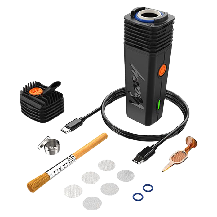 Lieferumfang des VEAZY Vaporizers von Storz & Bickel auf weißem Hintegrund ausgelegt