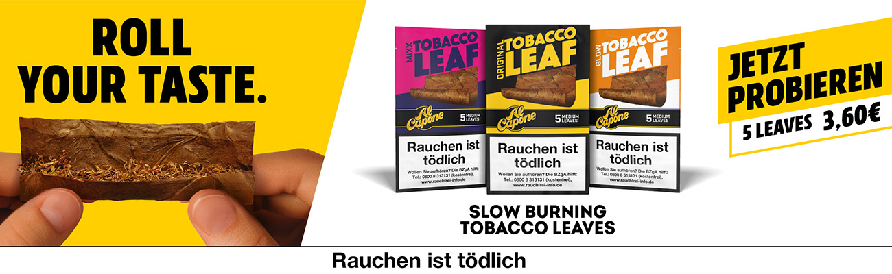 Die drei Al Capone Tobacco Leaves Blunt Wraps in präsentation mit einem "Roll Your Taste" Bild links demonstrierend wie man die Blätter dreht.