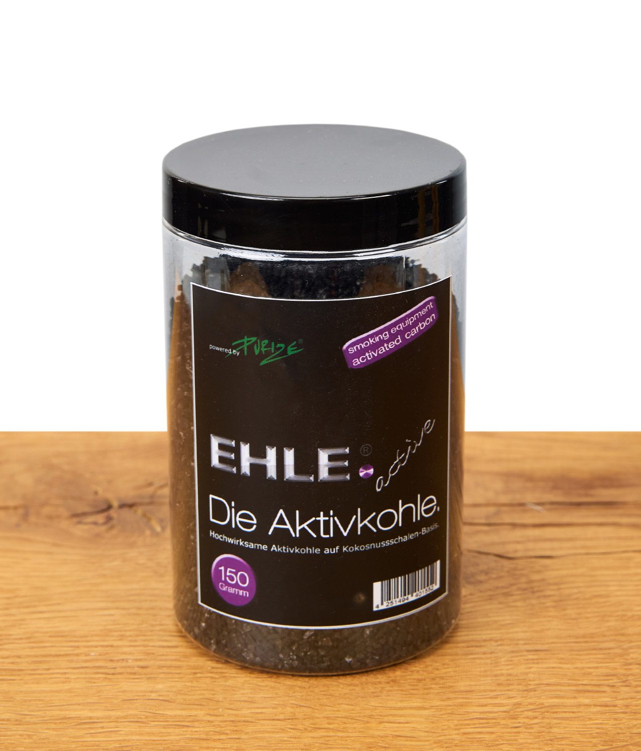 EHLE Aktivkohle Dose 150 Gramm, Aktivkohle aus Kokosnuss für Rauchfilter, Produktverpackung auf Holz, Markenlabel und Infos sichtbar