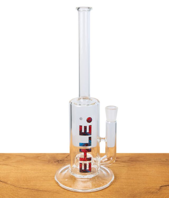EHLE Perkolatorbong US Style 34 cm, Komplettansicht, hochwertige Glasbong, zylindrisch mit Perkolator, Produkt auf Holzoberfläche