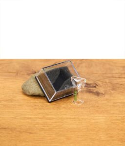 Einzelner Glasfilter vor Kästchen an einem Stein angelehnt