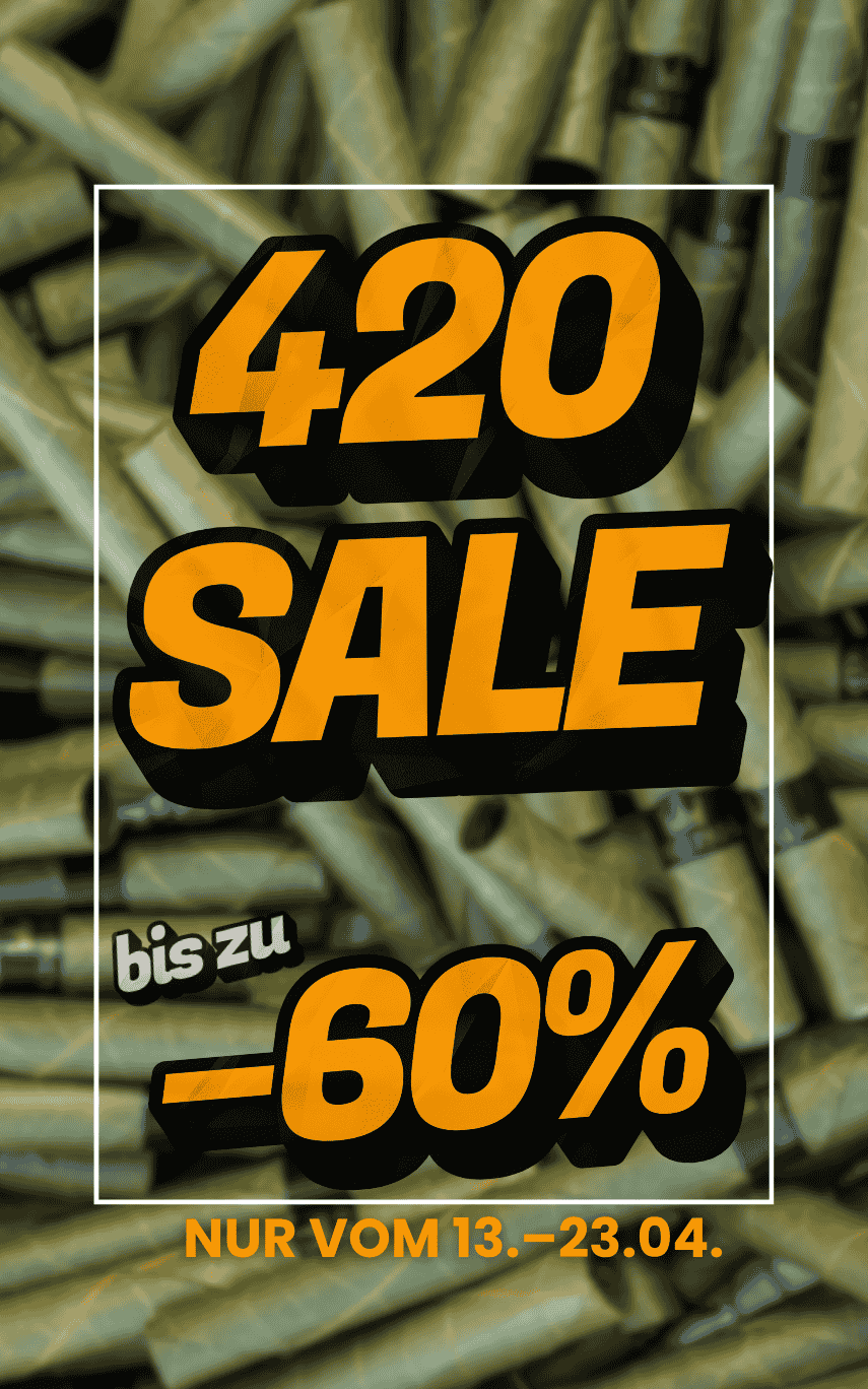 420 SALE mit bis zu –60% steht auf dem banner für die 420 Angebote im headshop buyhigh. In Orange auf grünem Hintergrund