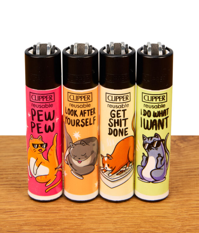 4er-Set Clipper Feuerzeug Katzen #3 auf Holz. Bunte nachfüllbare Feuerzeuge mit verschiedenen Katzen-Illustrationen und Sprüchen.