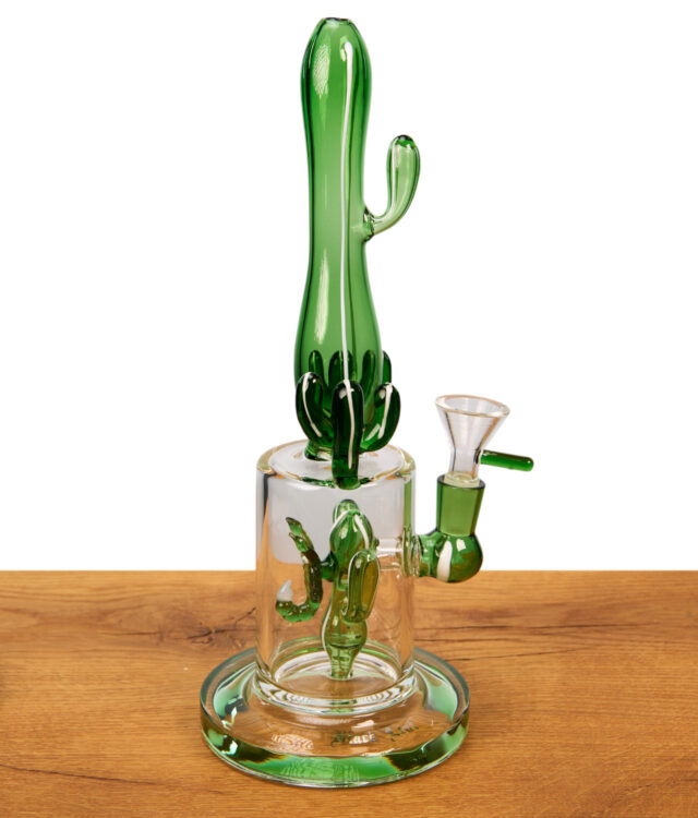 Black Leaf Zylinder-Glasbong "Arizona" mit einem detaillierten Kaktus-Perkolator im Inneren, präsentiert auf einer Holzoberfläche.