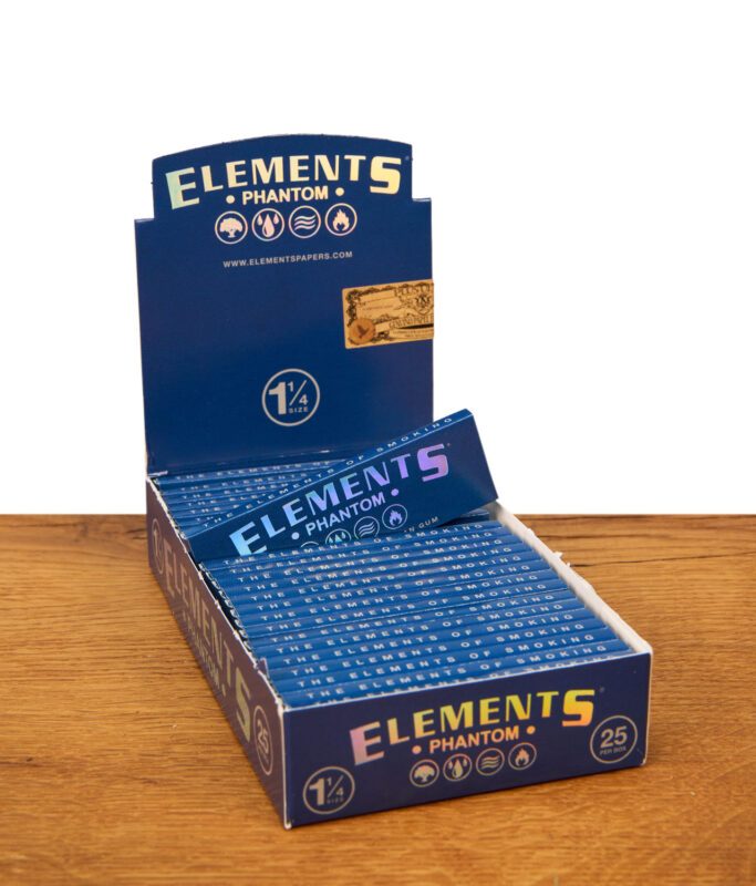 Geöffnete Display-Box mit 25 Heften Elements Phantom Papers 1 1/4 Size aus ultradünnem Reis-Papier mit Gummiarabikum.