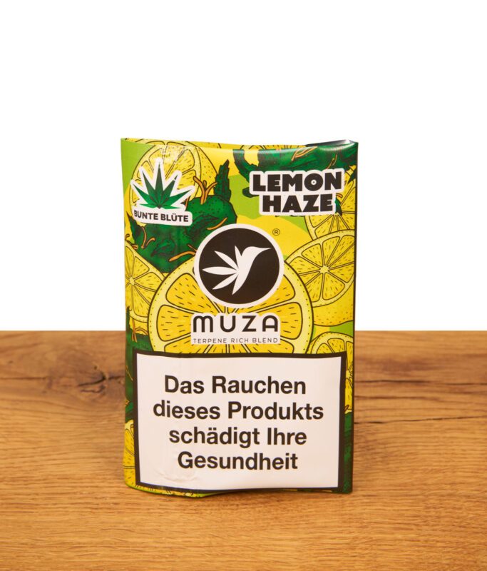 Vorderseite der MUZA x Bunte Blüte Packung „Lemon Haze“ – ein nikotinfreier MUZA Tabakersatz mit Terpenen in einer gelb-grünen Tasche.
