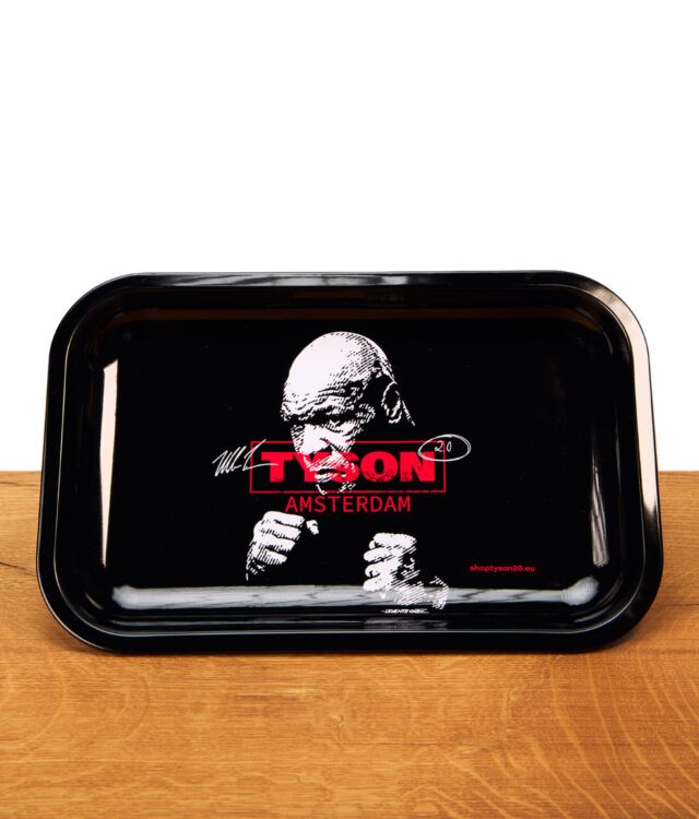 Tyson 2.0 Rolling Tray mit Boxing Mike Logo in Rot auf Holzbrett