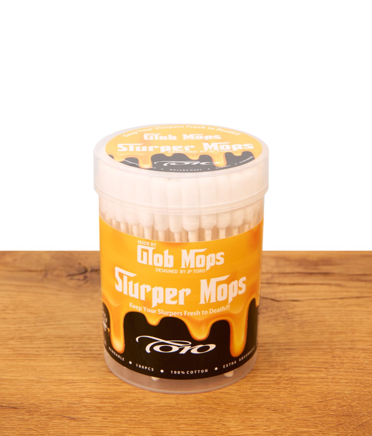 glob-mops-slurper-mobs-100er-pack-jpg Glob Mops Slurper Mops 100er Pack: Wattestäbchen zur Banger-Reinigung in runder Kunststoffdose auf Holz.