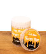 Geöffnetes Glob Mops Slurper Mops 100er Pack mit abgenommenem Deckel auf einer Holzoberfläche.