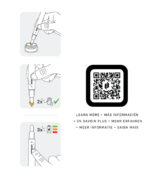 Detaillierte Guide-Ansicht von Aufnahme des Konzentrats, Knopfdruck und Erhitzung der Spitze sowie des Akku Checks per Knopfdruck. Daneben ein QR Code mit Link zur Puffco Support Seite.