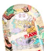 Detailansicht des RAW x Chris Psiacik Skate Deck Rolling Trays, glänzendes Metall-Tablett mit bunten Cartoon-Doodles.