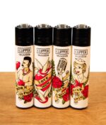 Clipper Tattoo #10 4er Serie auf Holz. Vier nachfüllbare Feuerzeuge mit klassischen Old-School-Tattoo-Motiven.