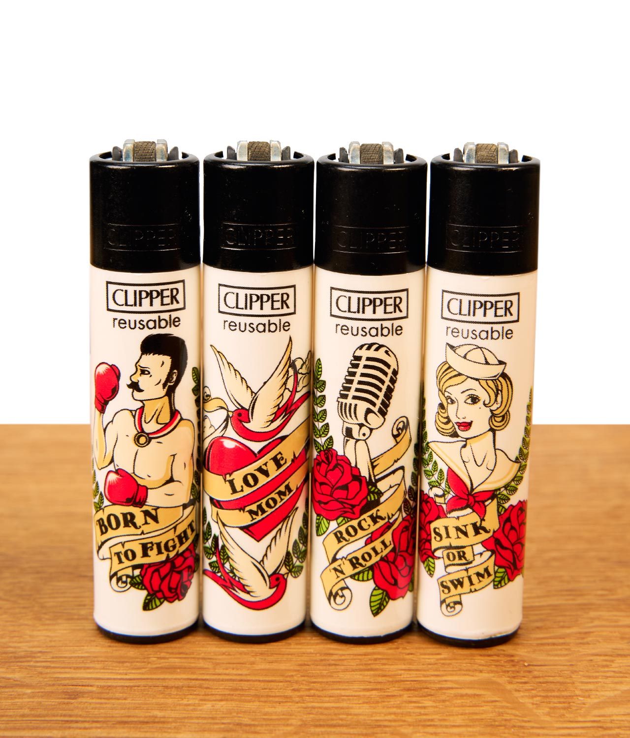 clipper-tattoo-10-4er-serie-jpg Clipper Tattoo #10 4er Serie auf Holz. Vier nachfüllbare Feuerzeuge mit klassischen Old-School-Tattoo-Motiven.