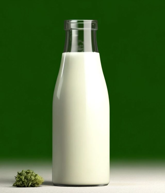 Glasflasche mit Milch neben einem Cannabisbud auf grünem Hintergrund